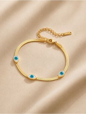Gold Tone Triple Evil Eye Herringbone Chain Bracelet